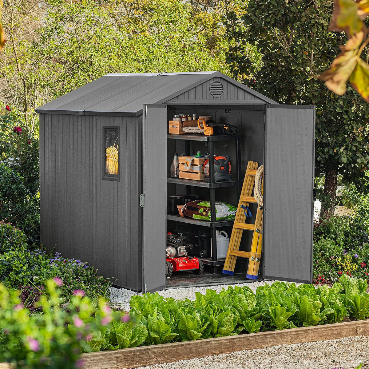 6 x 8 ft Outdoor Resin Storage Shed with Double Doors, Window & Heavy-Duty Floor – view 2