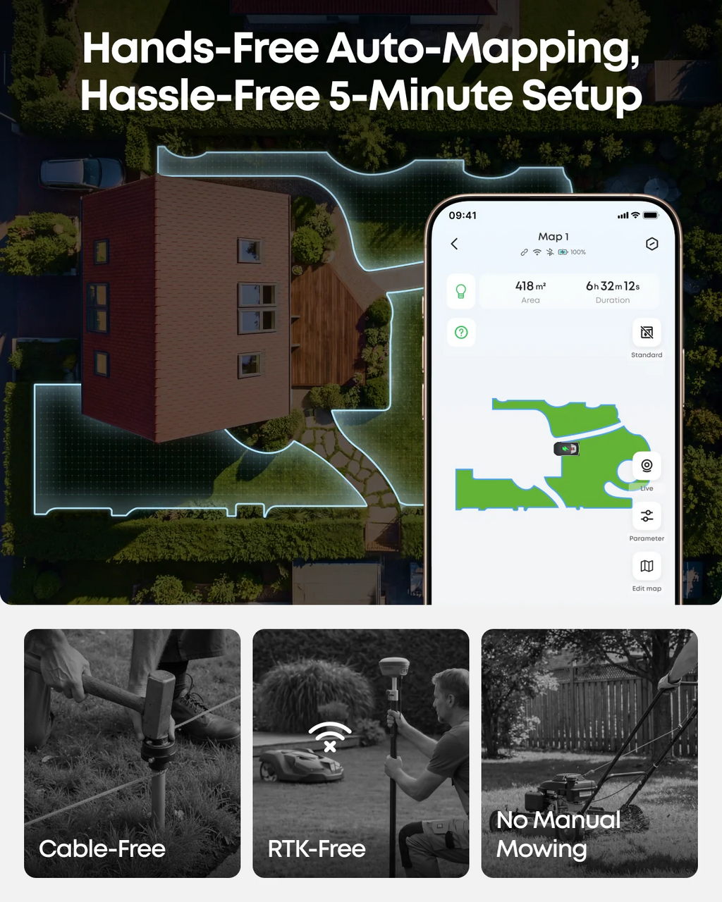 Wire-Free Robot Lawn Mower with AI Vision & 3D Obstacle Avoidance – view 4